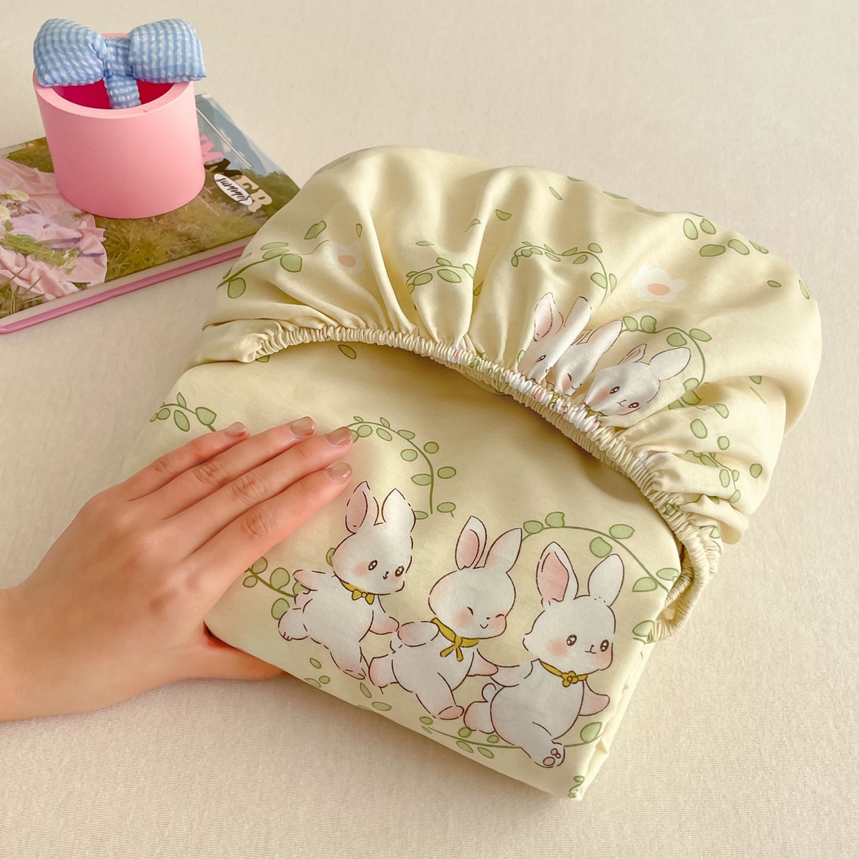 寻米 2026新款春夏全棉13070印花四件套单品系列-单床笠 花园小兔