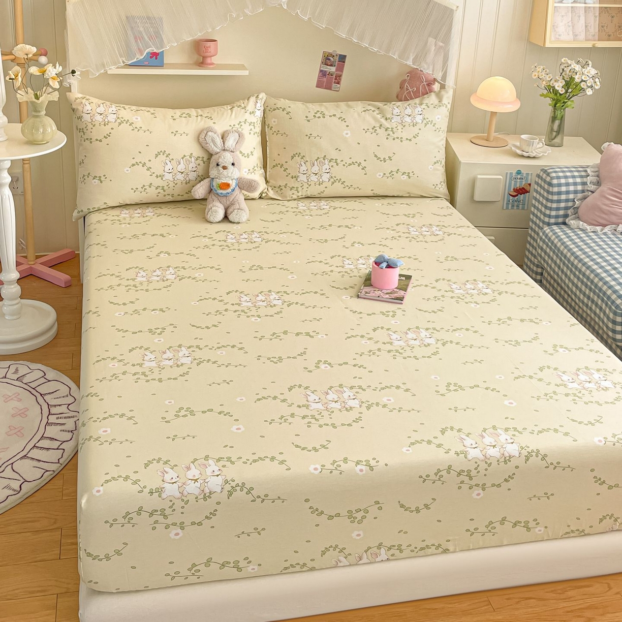 91家纺网 家纺一手货源 找家纺 寻米 2026新款春夏全棉13070印花四件套单品系列-单床笠 花园小兔