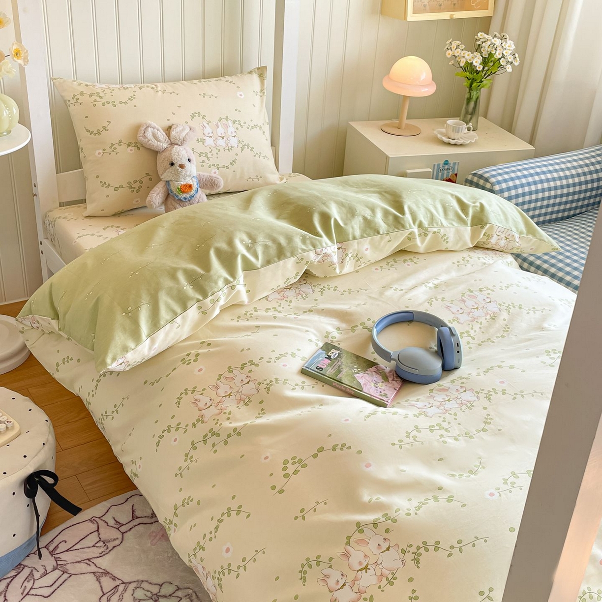 91家纺网 家纺一手货源 找家纺 寻米 2026新款春夏13070印花三件套单品系列-单床笠 花园小兔