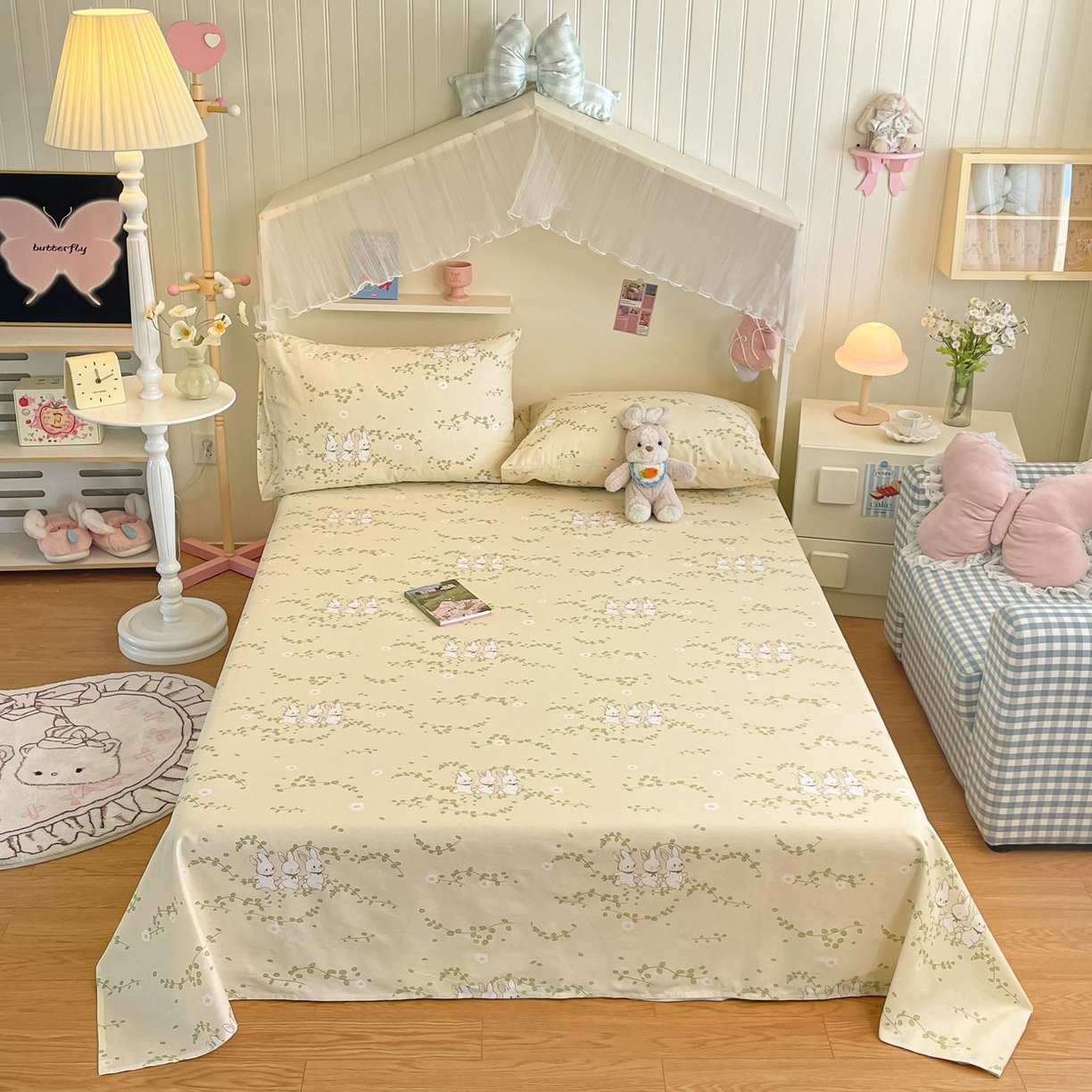 91家纺网 家纺一手货源 找家纺 寻米 2026新款春夏全棉13070印花四件套单品系列-单床笠 花园小兔