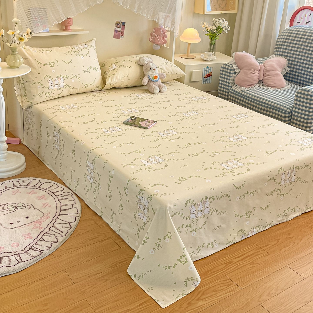 91家纺网 家纺一手货源 找家纺 寻米 2026新款春夏全棉13070印花四件套单品系列-单床笠 花园小兔