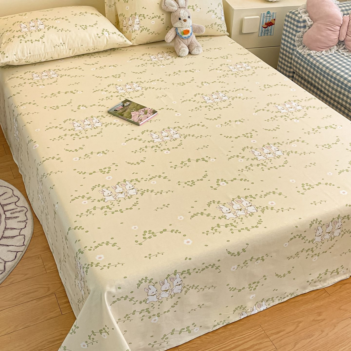 91家纺网 家纺一手货源 找家纺 寻米 2026新款春夏全棉13070印花四件套单品系列-单床笠 花园小兔