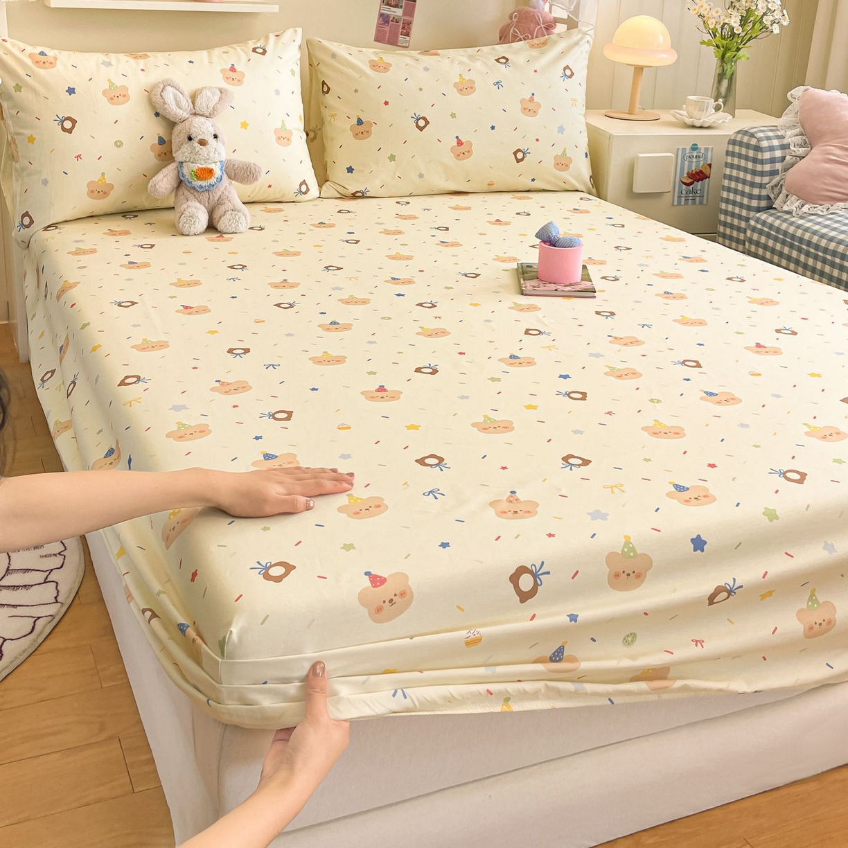 91家纺网 家纺一手货源 找家纺 寻米 2026新款春夏全棉13070印花四件套单品系列-单床笠 黄油小熊