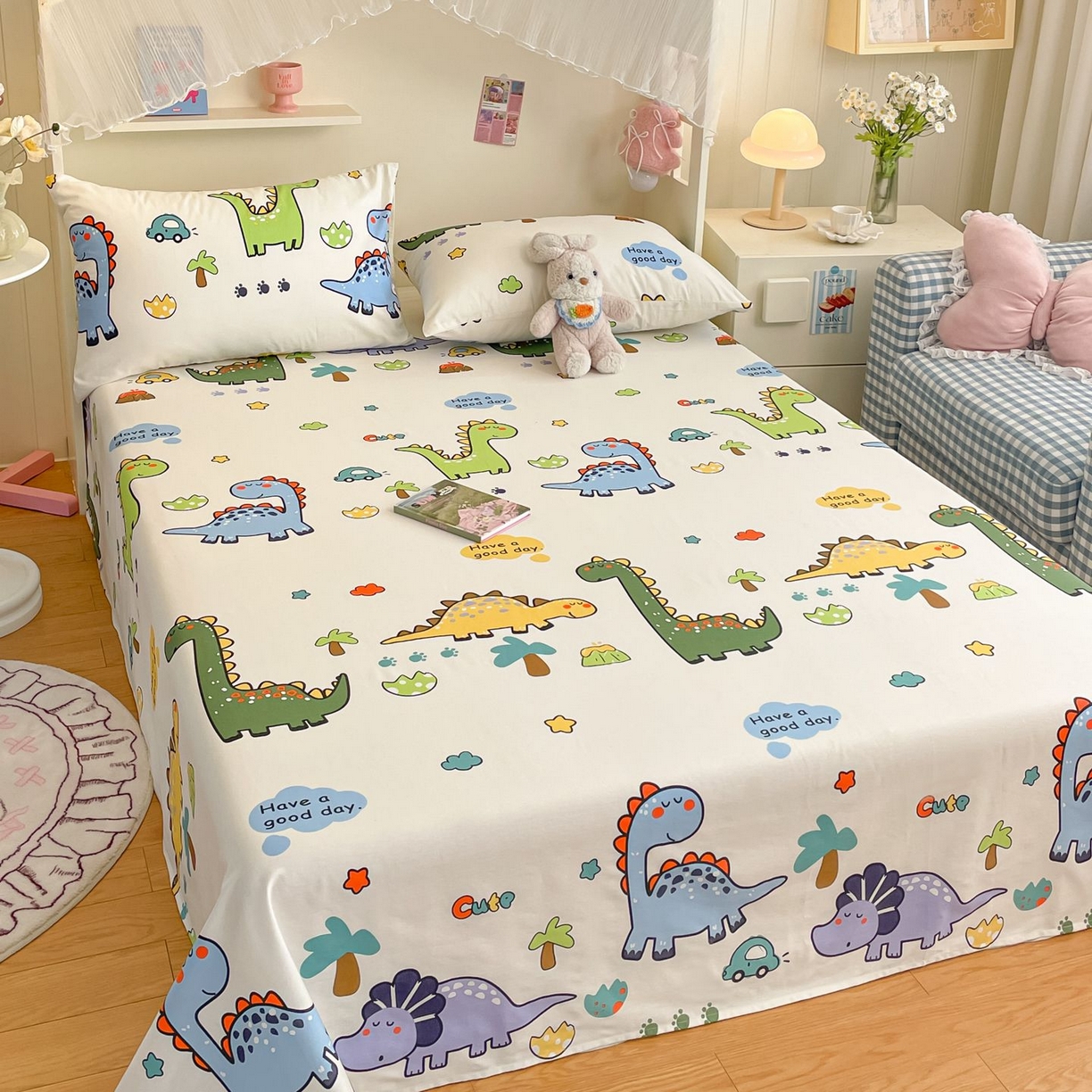 91家纺网 家纺一手货源 找家纺 寻米 2026新款春夏全棉13070印花四件套单品系列-单床笠 恐龙乐园