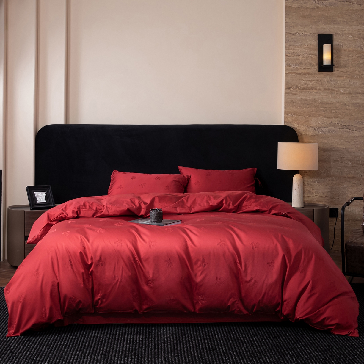 91家纺网 家纺一手货源 找家纺 极简 2026新款秋冬款100S长绒棉精美提花系列四件套-场景二（标准会员-10 床笠立高28 控价小号258标准298加大328） 玫瑰花影