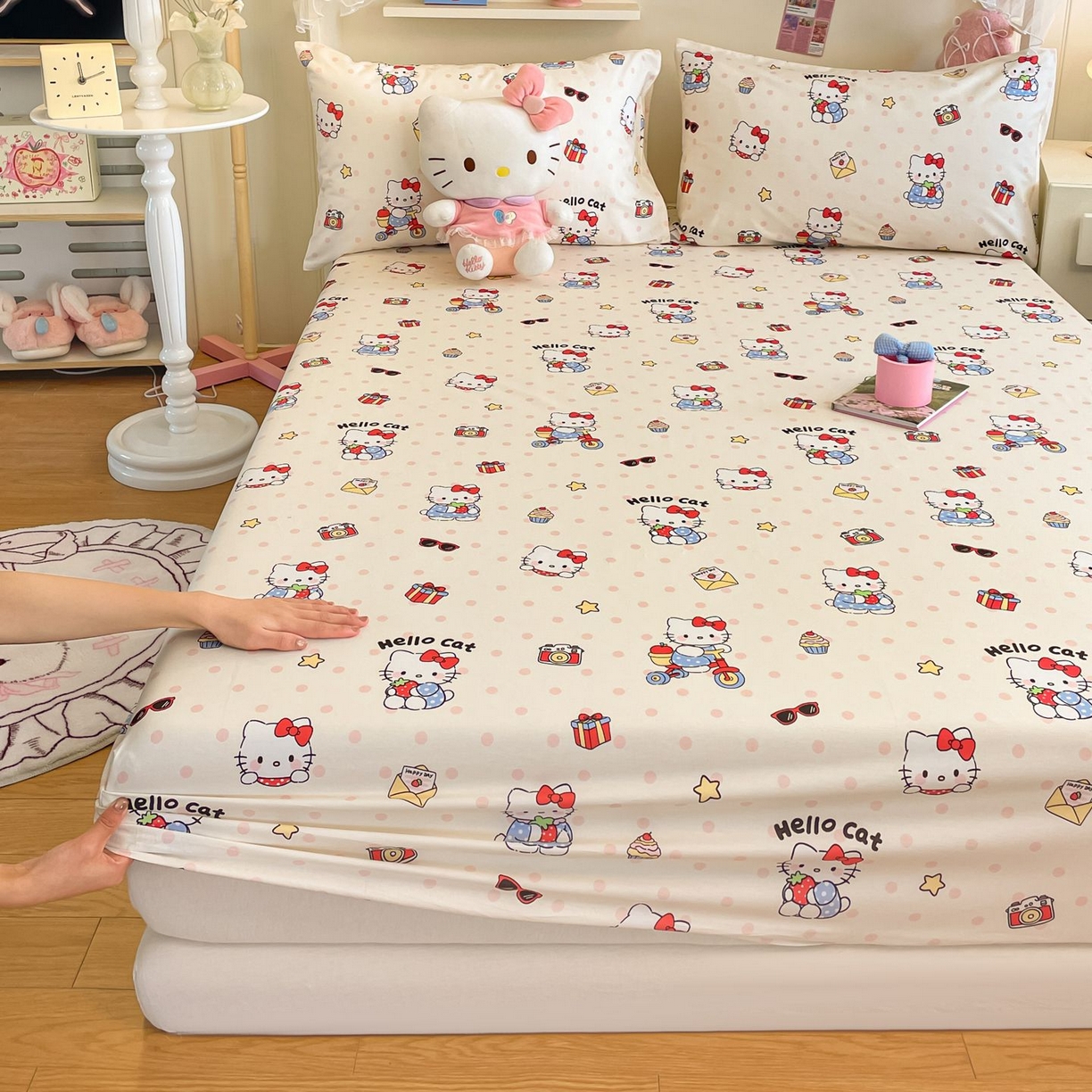 91家纺网 家纺一手货源 找家纺 寻米 2026新款春夏全棉13070印花四件套单品系列-单床笠 快乐小喵