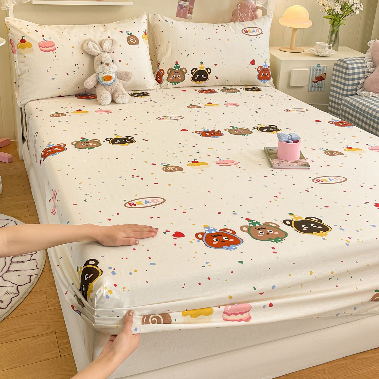 91家纺网 家纺一手货源 找家纺 寻米 2026新款春夏全棉13070印花四件套单品系列-单床笠 快乐熊仔