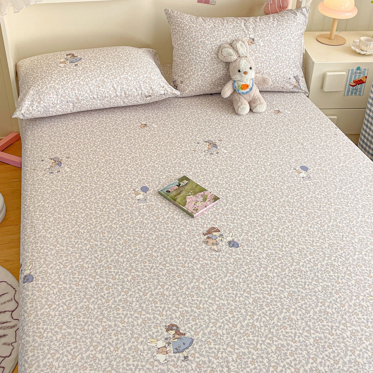 91家纺网 家纺一手货源 找家纺 寻米 2026新款春夏全棉13070印花四件套单品系列-单床笠 萌兔花园