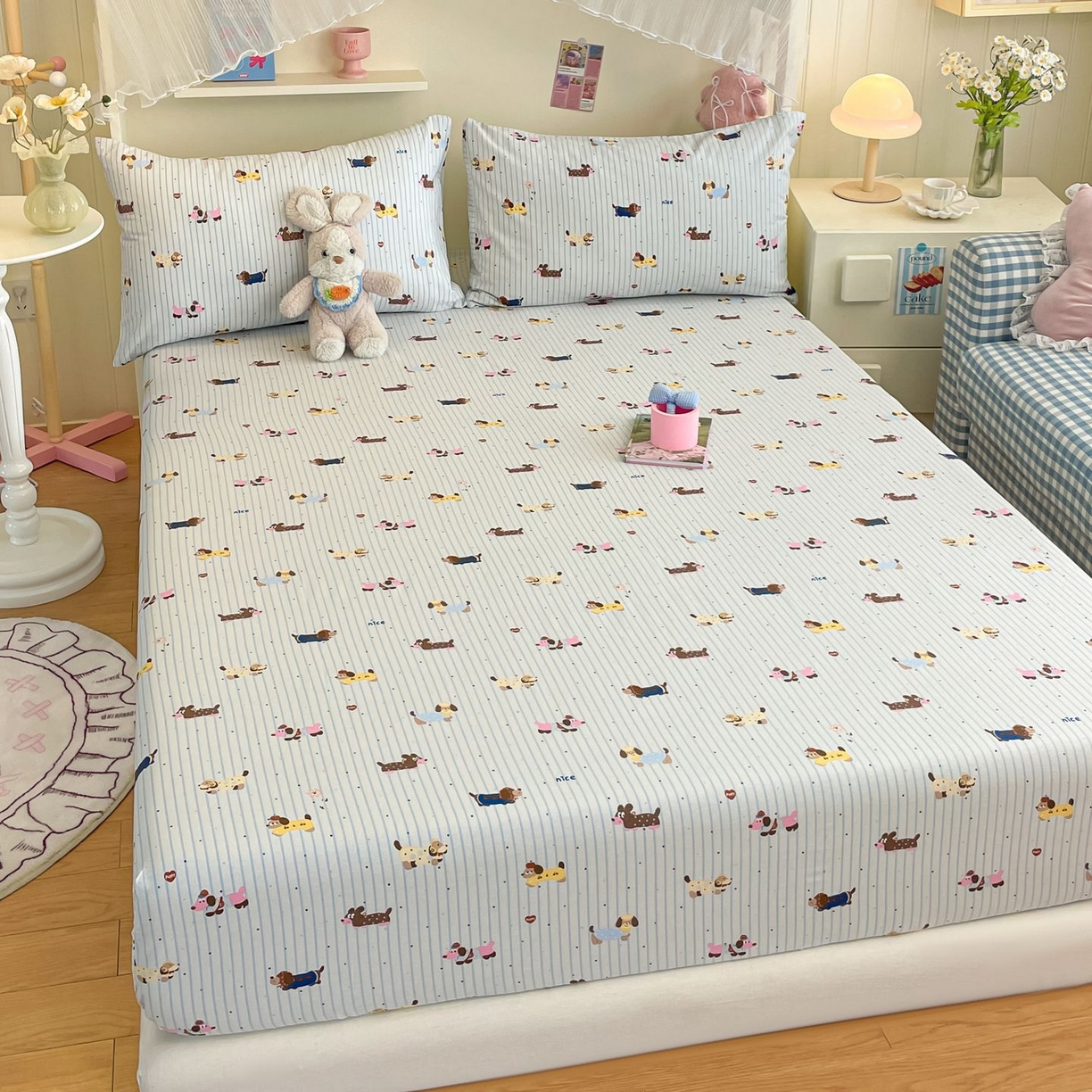 91家纺网 家纺一手货源 找家纺 寻米 2026新款春夏全棉13070印花四件套单品系列-单床笠 小狗没烦恼-兰