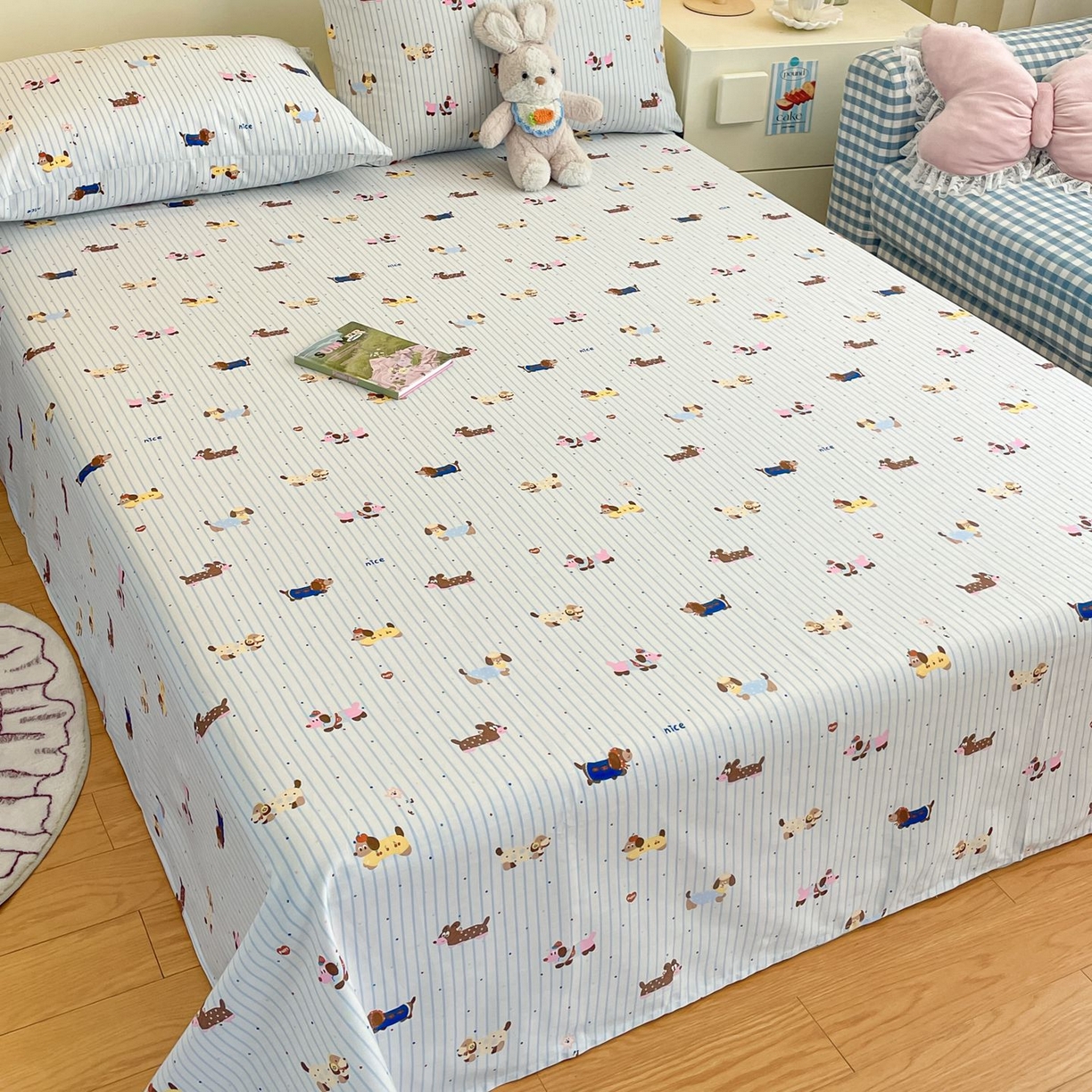 91家纺网 家纺一手货源 找家纺 寻米 2026新款春夏全棉13070印花四件套单品系列-单床笠 小狗没烦恼-兰