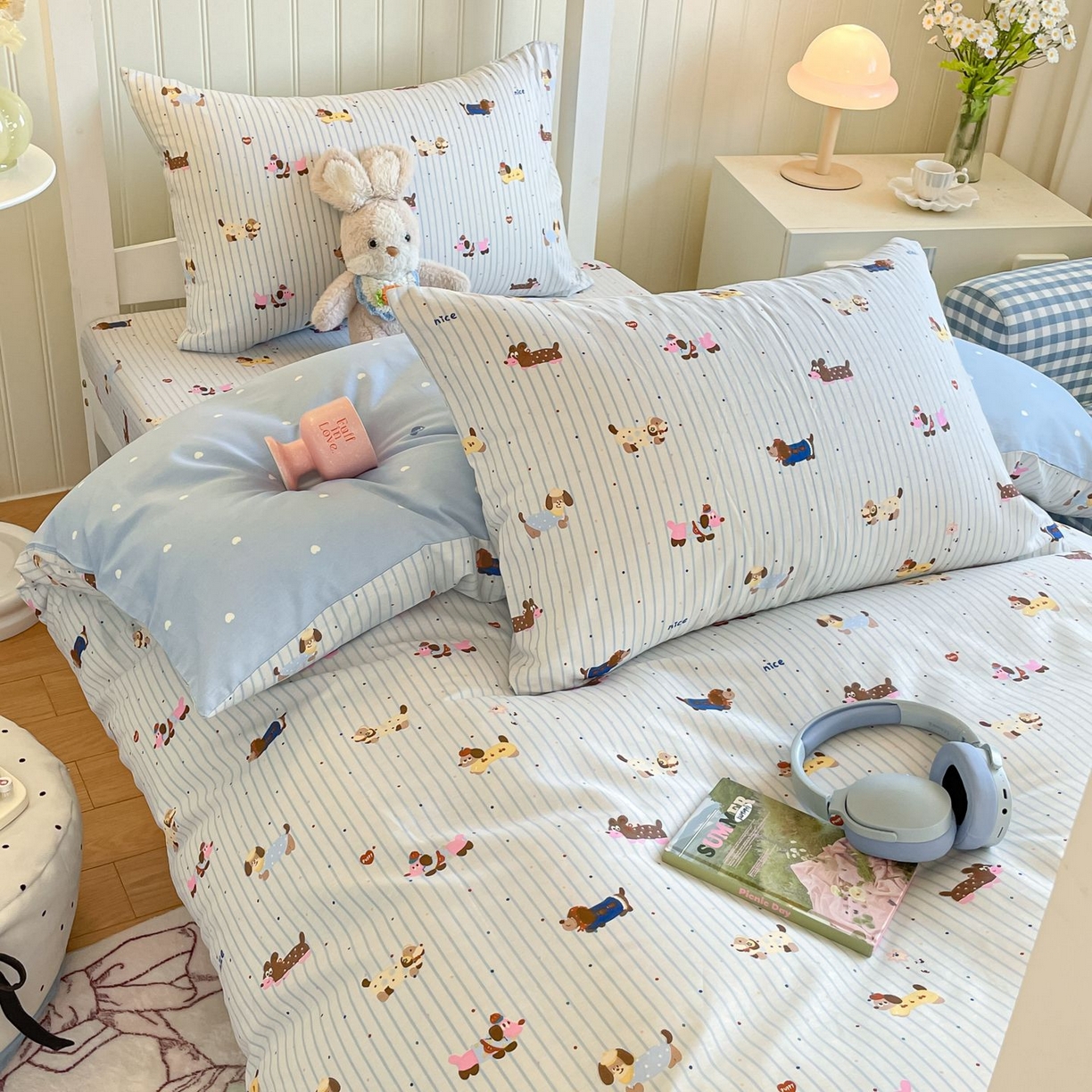 91家纺网 家纺一手货源 找家纺 寻米 2026新款春夏13070印花三件套单品系列-单床笠 小狗没烦恼-蓝