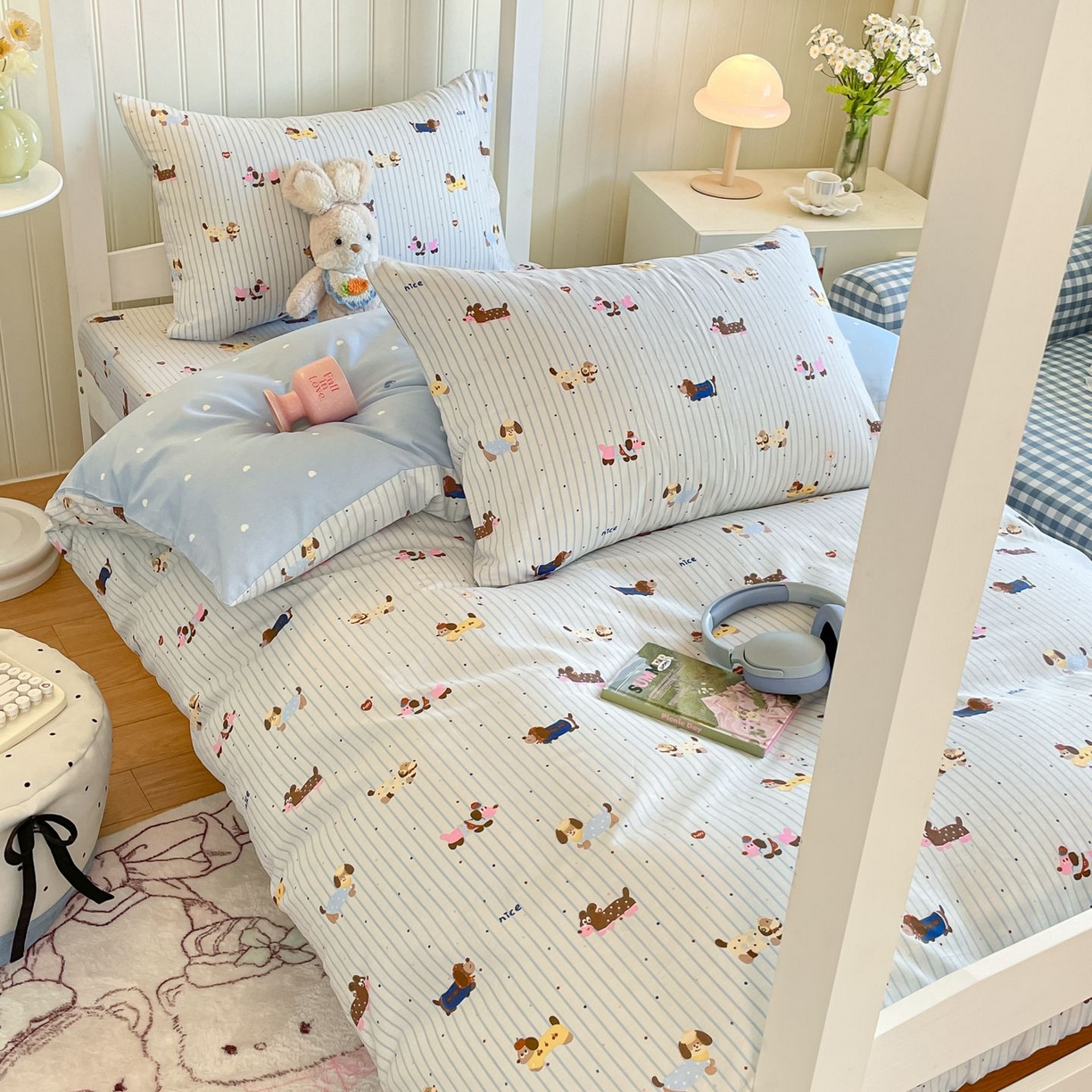 91家纺网 家纺一手货源 找家纺 寻米 2026新款春夏13070印花三件套单品系列-单床笠 小狗没烦恼-蓝