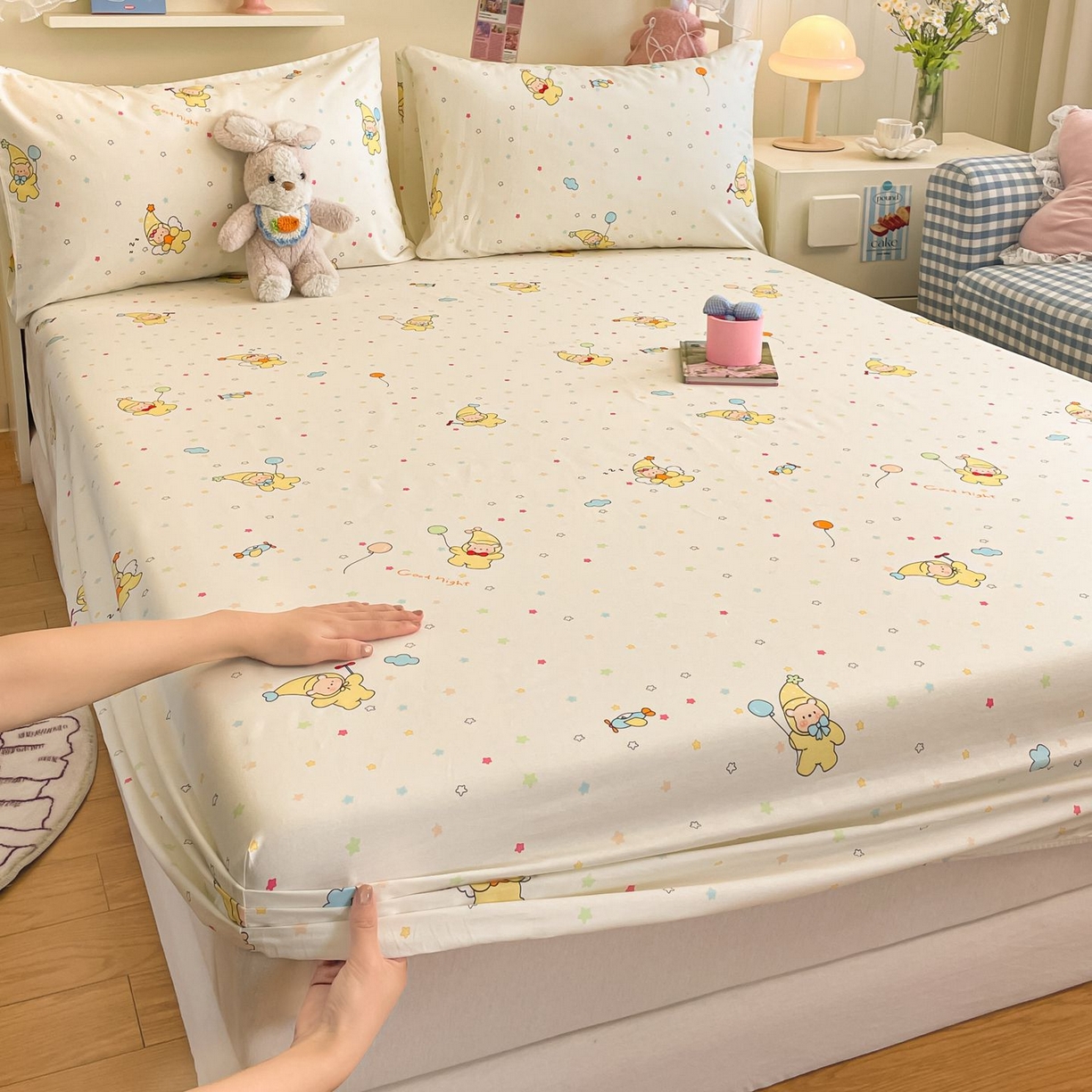 91家纺网 家纺一手货源 找家纺 寻米 2026新款春夏全棉13070印花四件套单品系列-单床笠 星星小熊