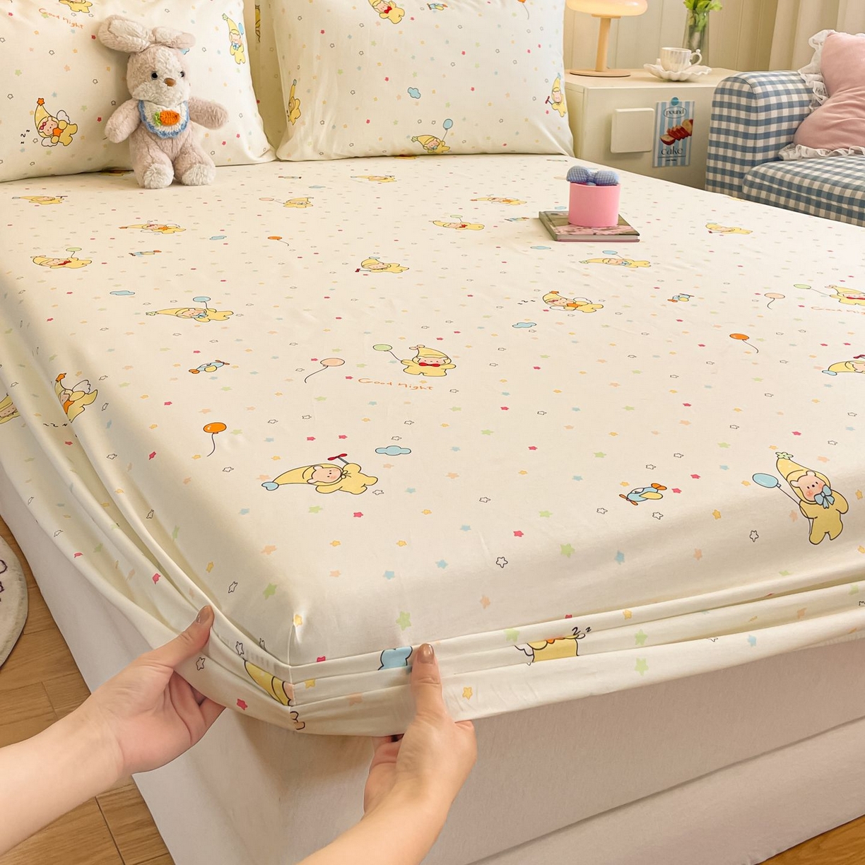 91家纺网 家纺一手货源 找家纺 寻米 2026新款春夏全棉13070印花四件套单品系列-单床笠 星星小熊