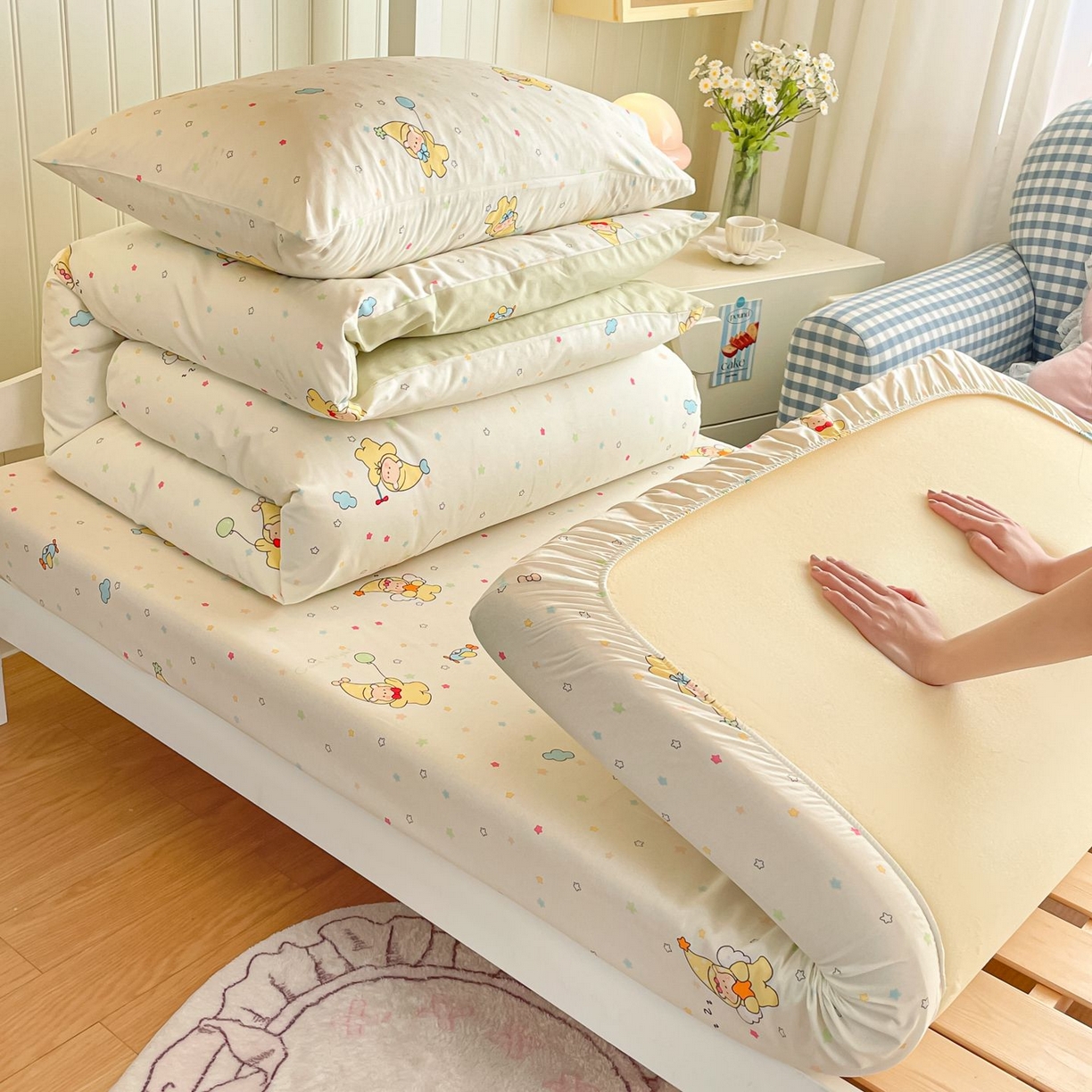 91家纺网 家纺一手货源 找家纺 寻米 2026新款春夏13070印花三件套单品系列-单床笠 星星小熊