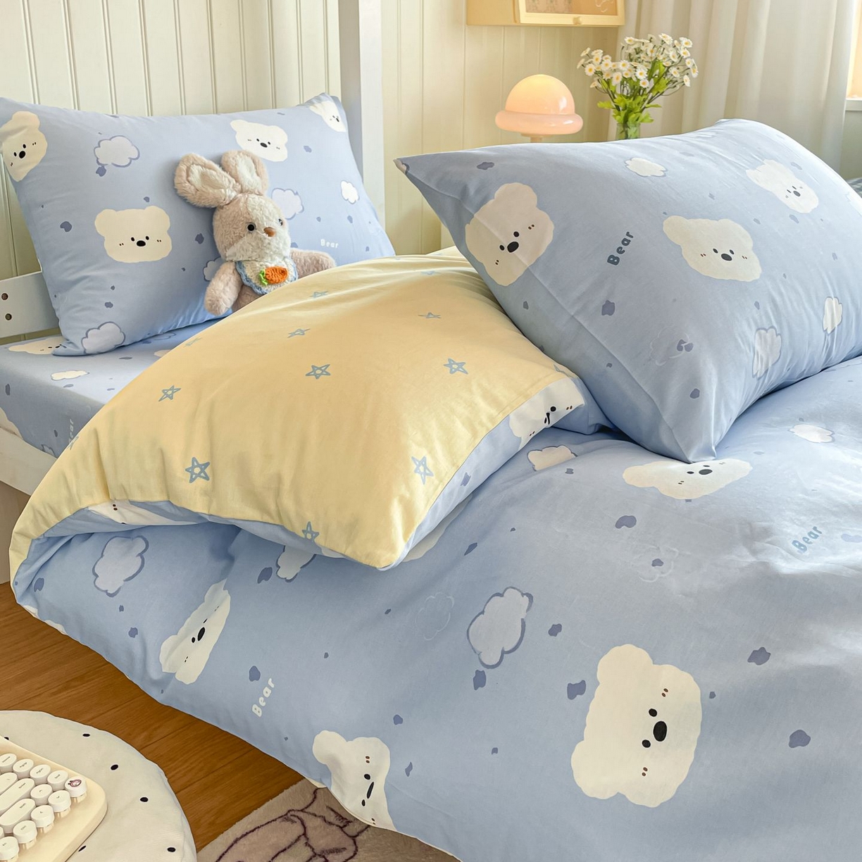 91家纺网 家纺一手货源 找家纺 寻米 2026新款春夏13070印花三件套单品系列-单床笠 云朵小熊