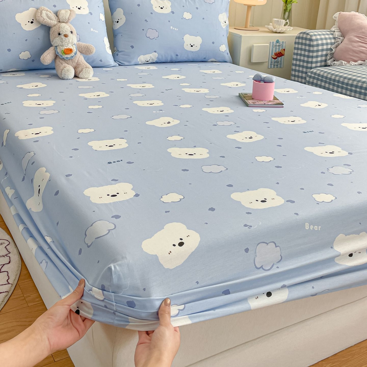 91家纺网 家纺一手货源 找家纺 寻米 2026新款春夏全棉13070印花四件套单品系列-单床笠 云朵小熊