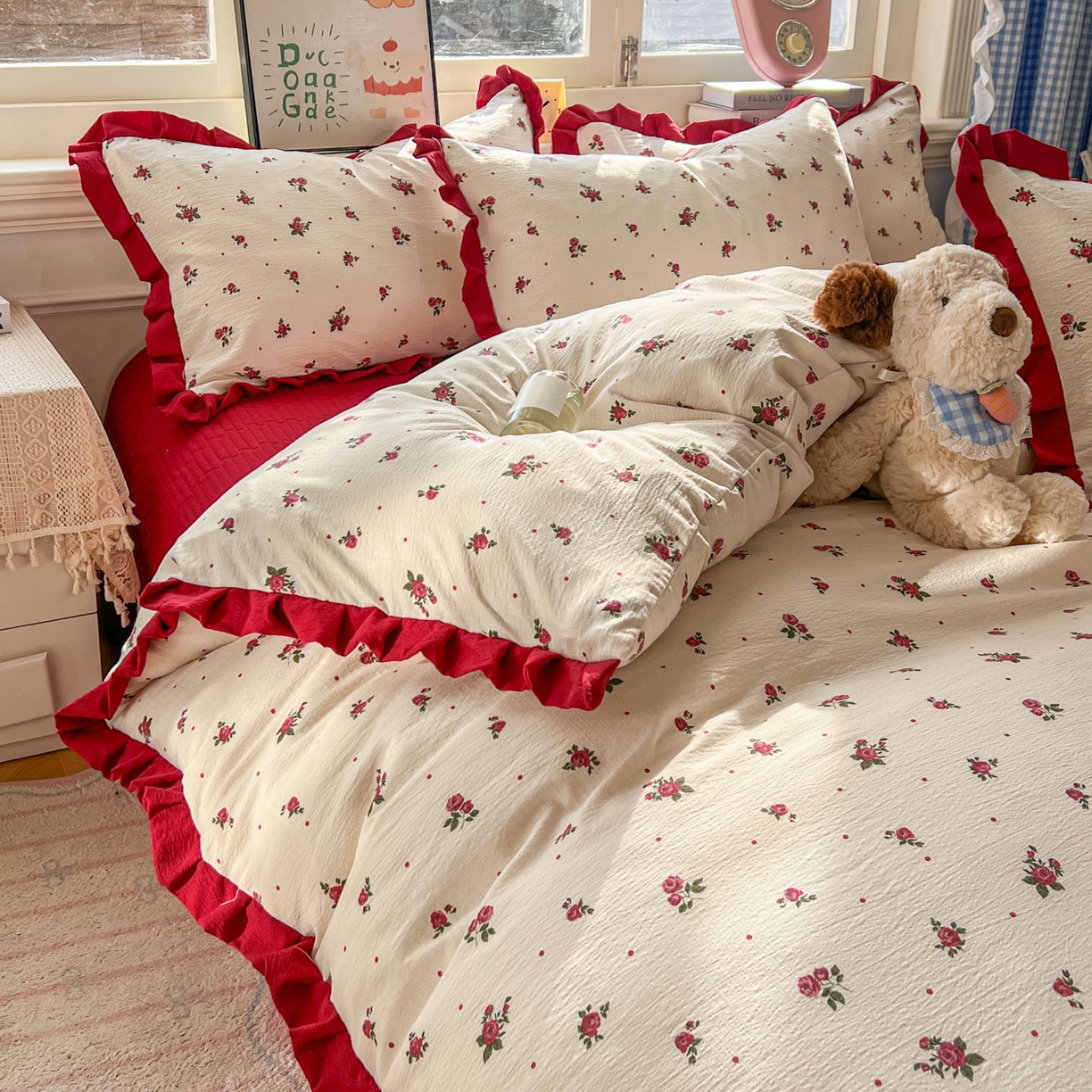 91家纺网 家纺一手货源 找家纺 美梦家纺 2026春夏新款云感皱皱纱床盖四件套 玫瑰园