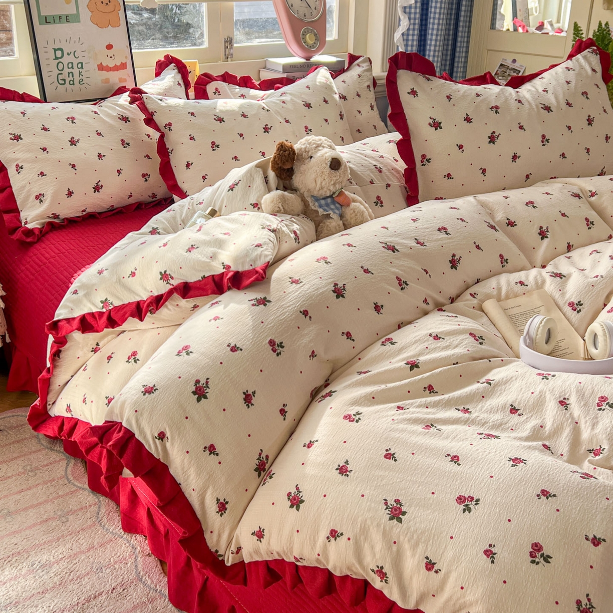 91家纺网 家纺一手货源 找家纺 美梦家纺 2026春夏新款云感皱皱纱床盖四件套 玫瑰园