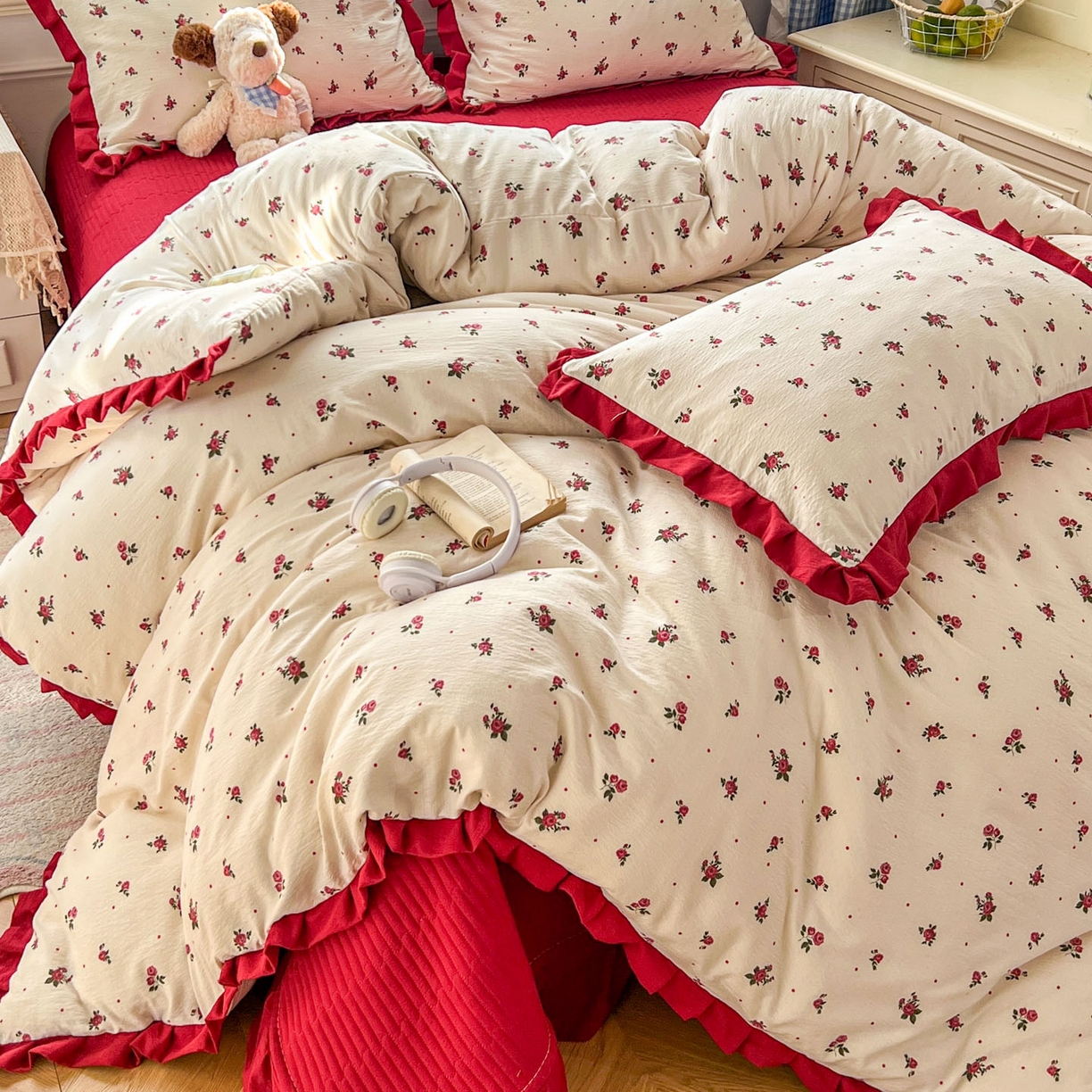 91家纺网 家纺一手货源 找家纺 美梦家纺 2026春夏新款云感皱皱纱床盖四件套 玫瑰园