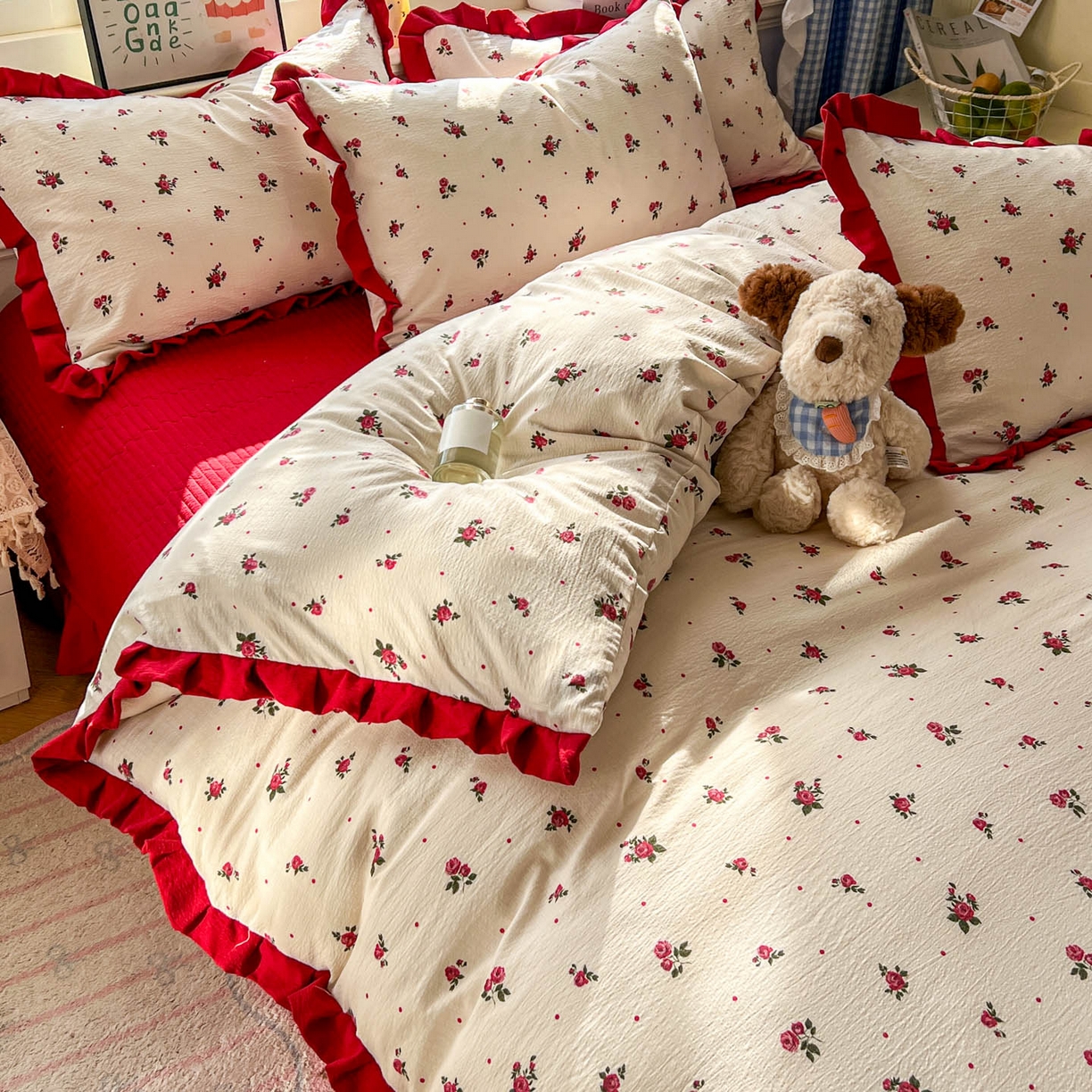 91家纺网 家纺一手货源 找家纺 美梦家纺 2026春夏新款云感皱皱纱床盖四件套 玫瑰园