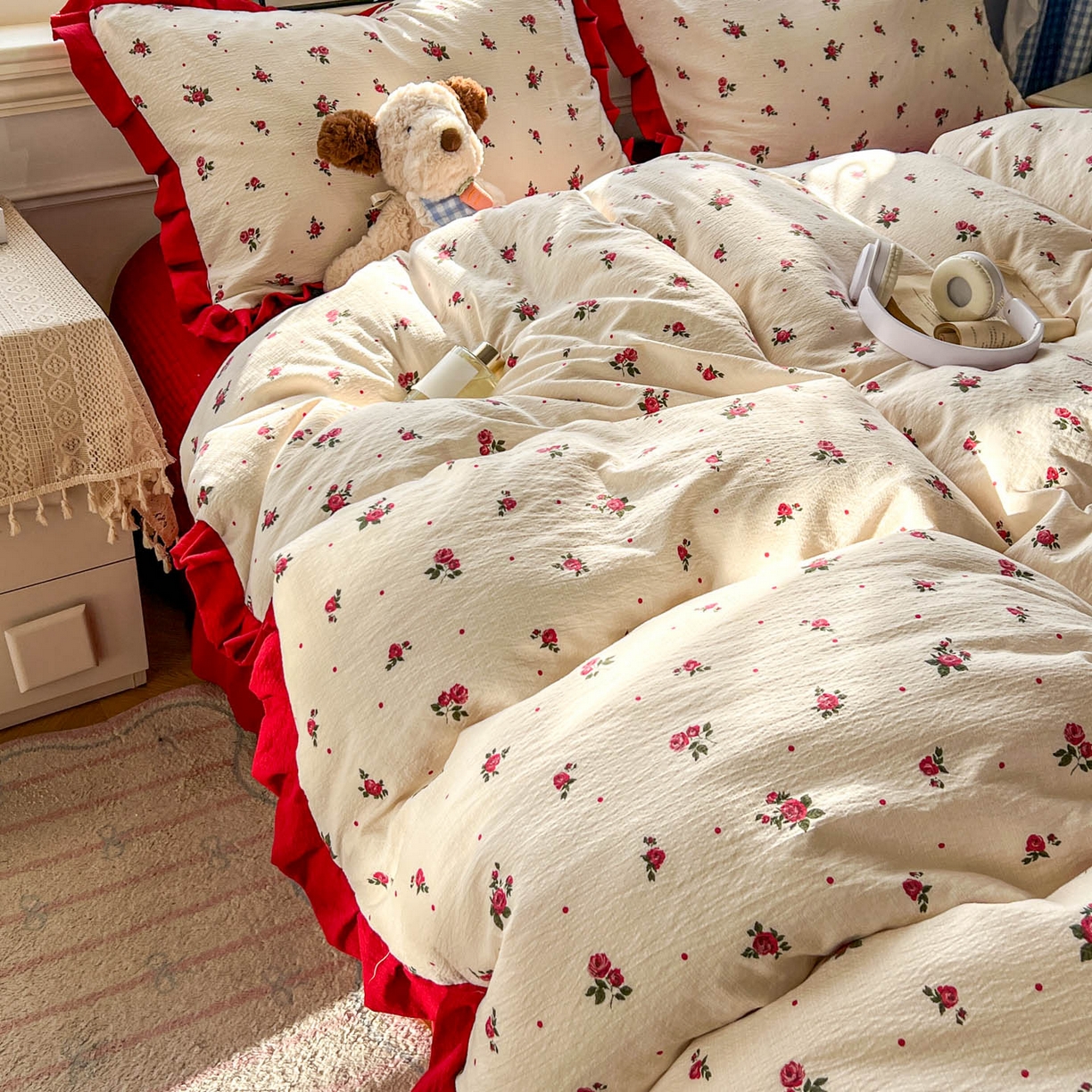 91家纺网 家纺一手货源 找家纺 美梦家纺 2026春夏新款云感皱皱纱床盖四件套 玫瑰园