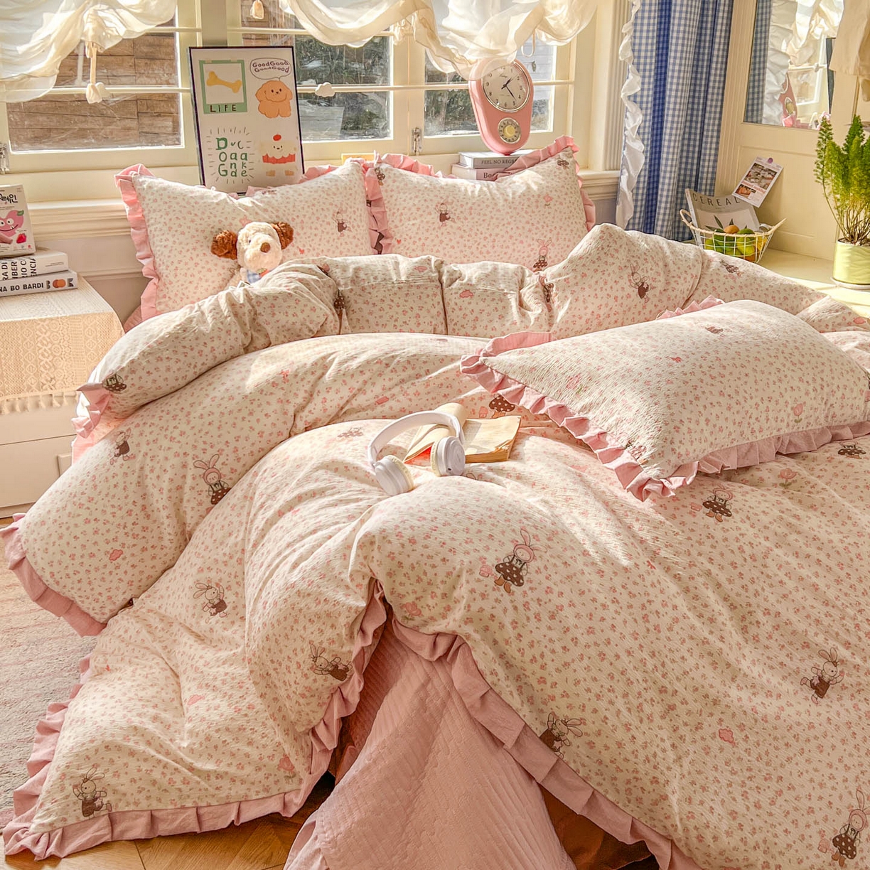 美梦家纺 2026春夏新款云感皱皱纱床盖四件套 芭比兔