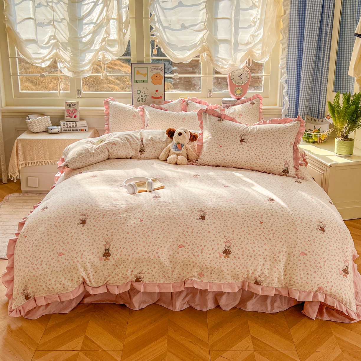 91家纺网 家纺一手货源 找家纺 美梦家纺 2026春夏新款云感皱皱纱床盖四件套 芭比兔