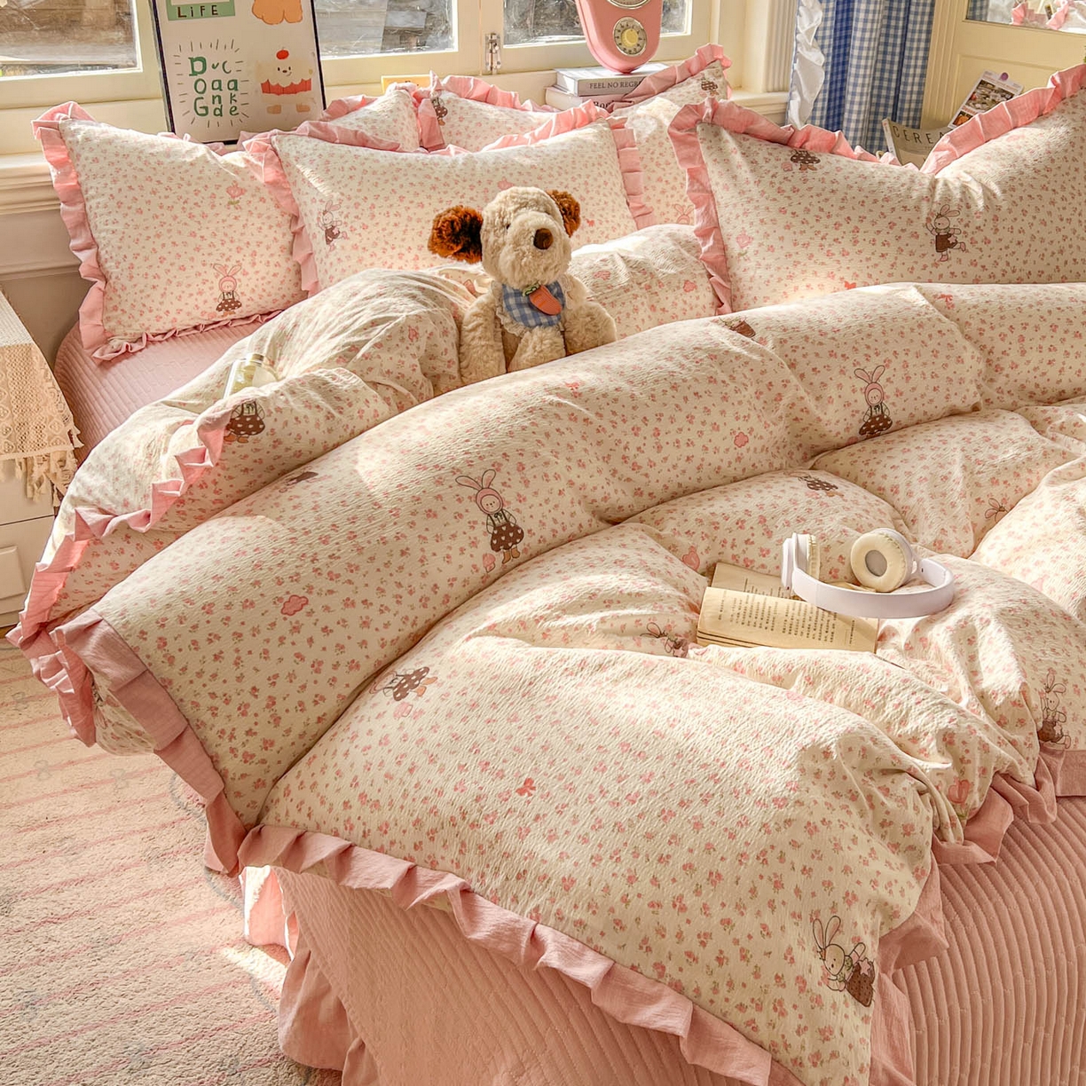 91家纺网 家纺一手货源 找家纺 美梦家纺 2026春夏新款云感皱皱纱床盖四件套 芭比兔