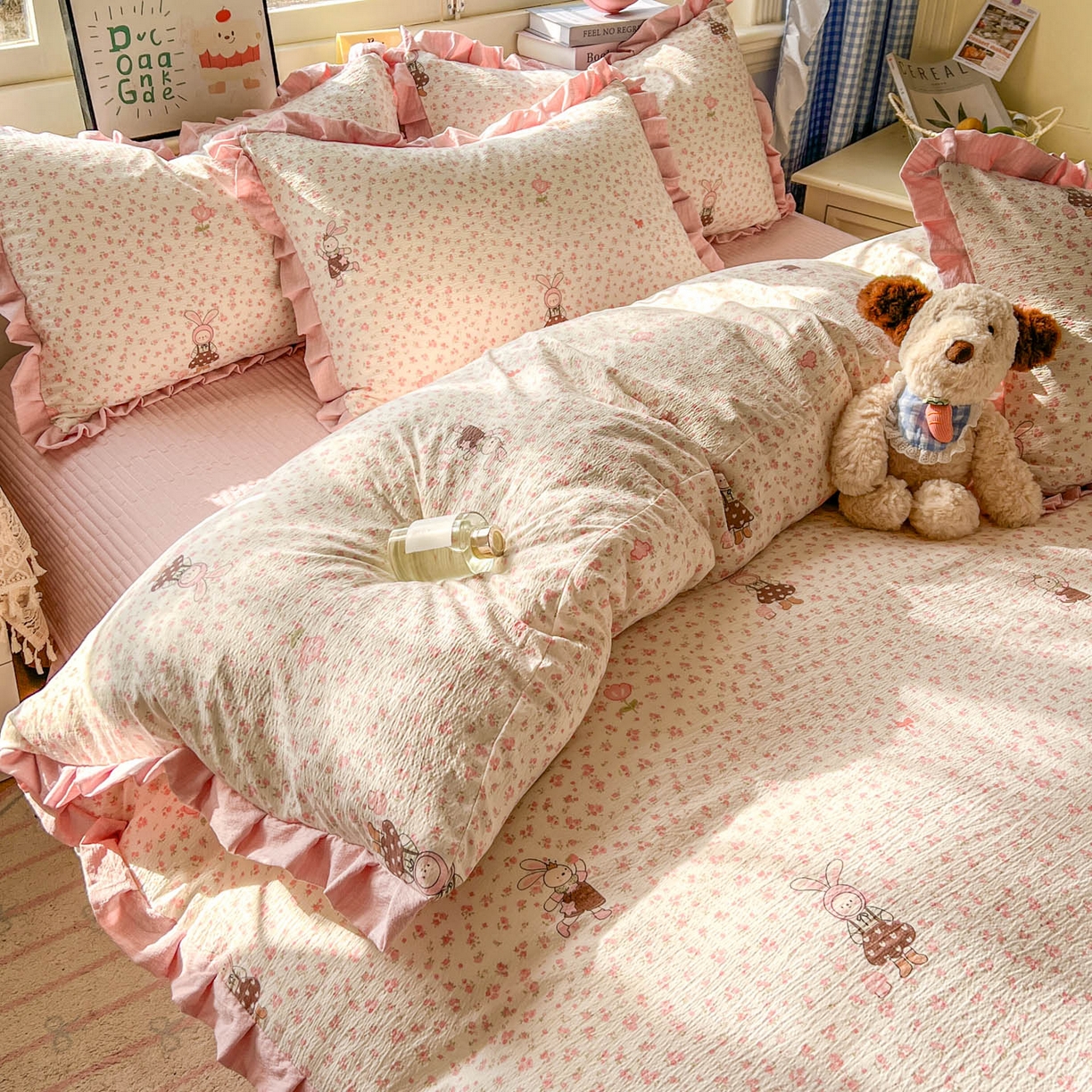 91家纺网 家纺一手货源 找家纺 美梦家纺 2026春夏新款云感皱皱纱床盖四件套 芭比兔