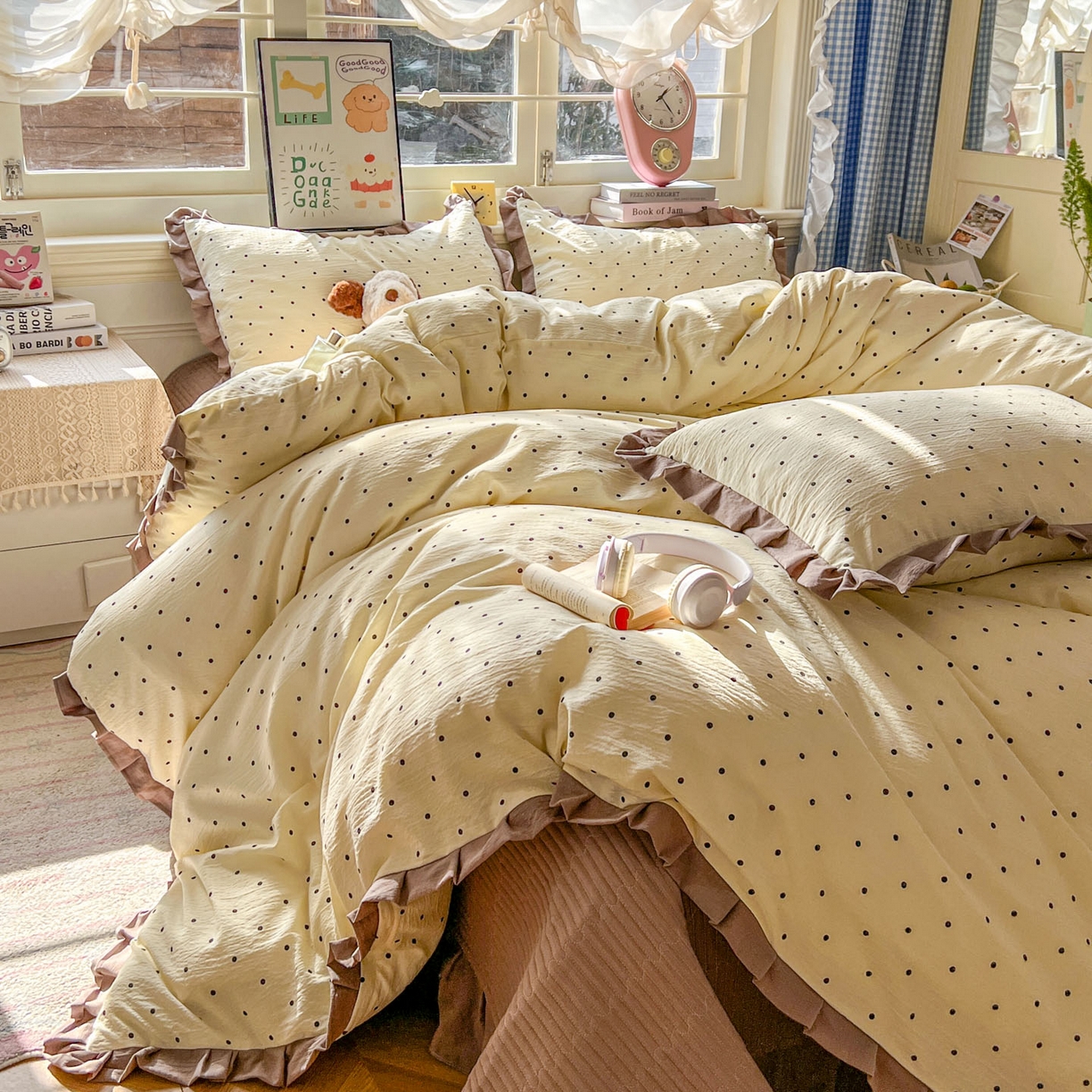 美梦家纺 2026春夏新款云感皱皱纱床盖四件套 波点咖