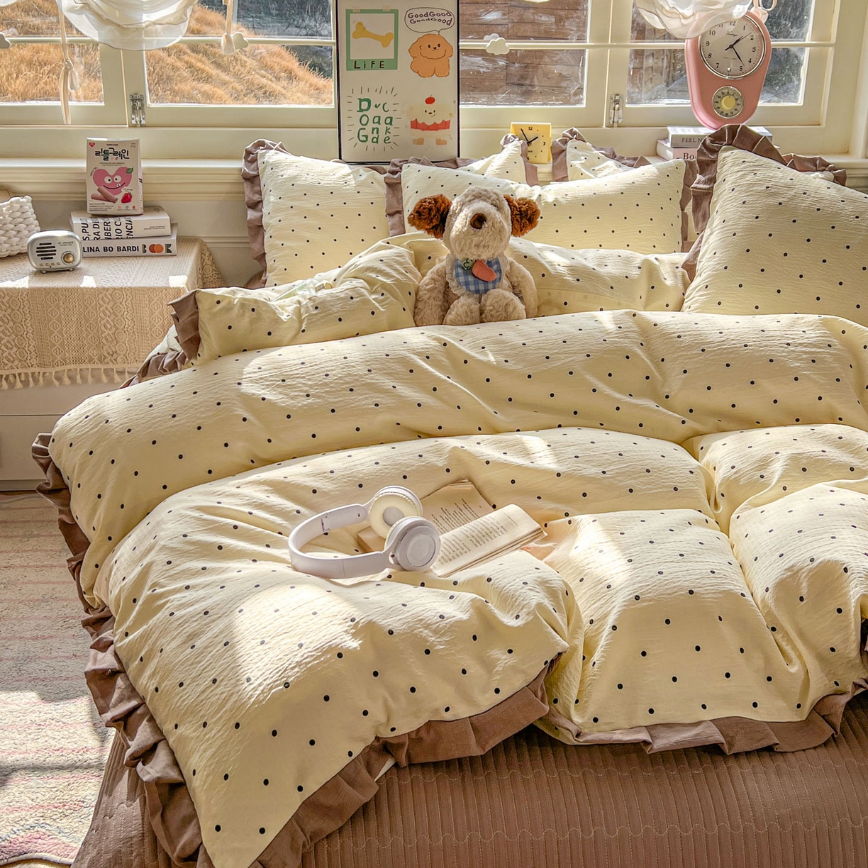 91家纺网 家纺一手货源 找家纺 美梦家纺 2026春夏新款云感皱皱纱床盖四件套 波点咖