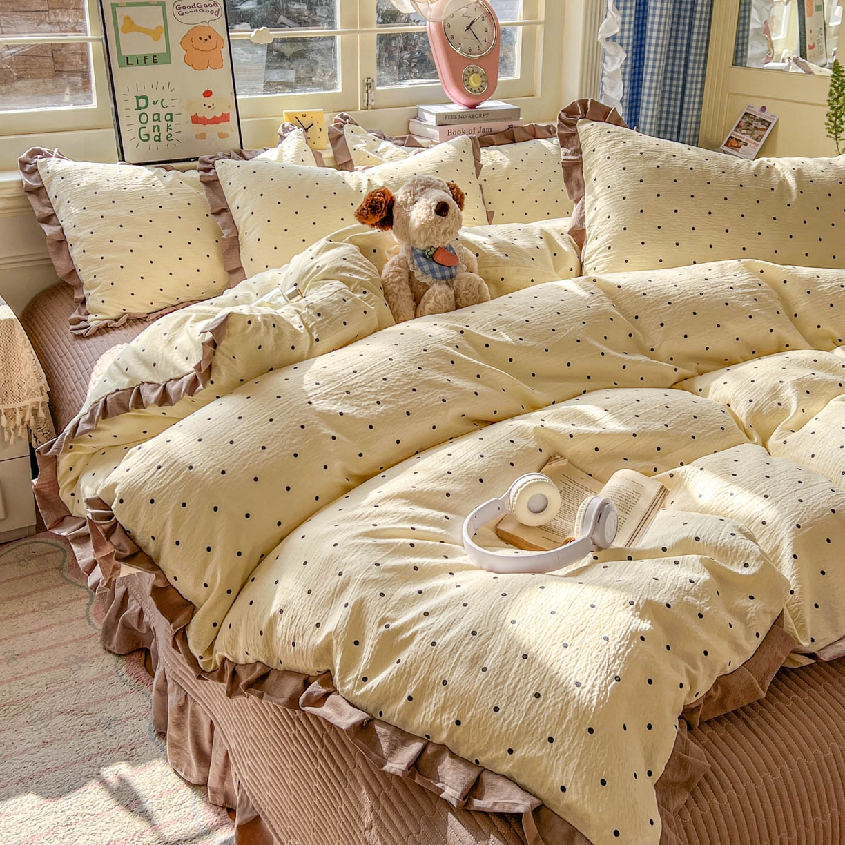 91家纺网 家纺一手货源 找家纺 美梦家纺 2026春夏新款云感皱皱纱床盖四件套 波点咖