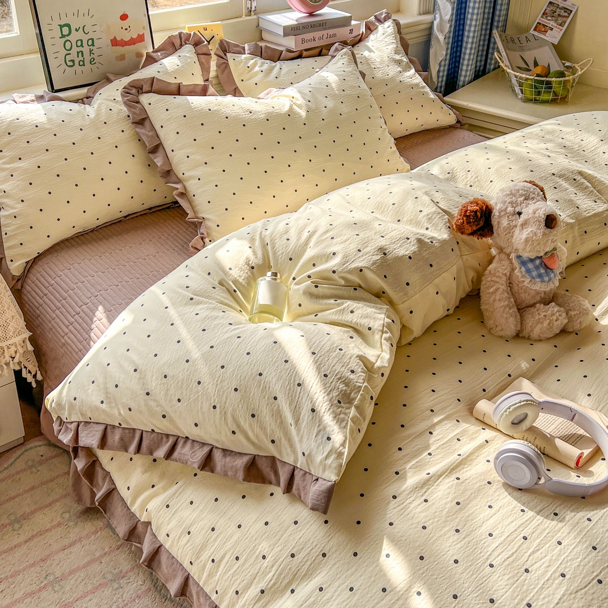 91家纺网 家纺一手货源 找家纺 美梦家纺 2026春夏新款云感皱皱纱床盖四件套 波点咖