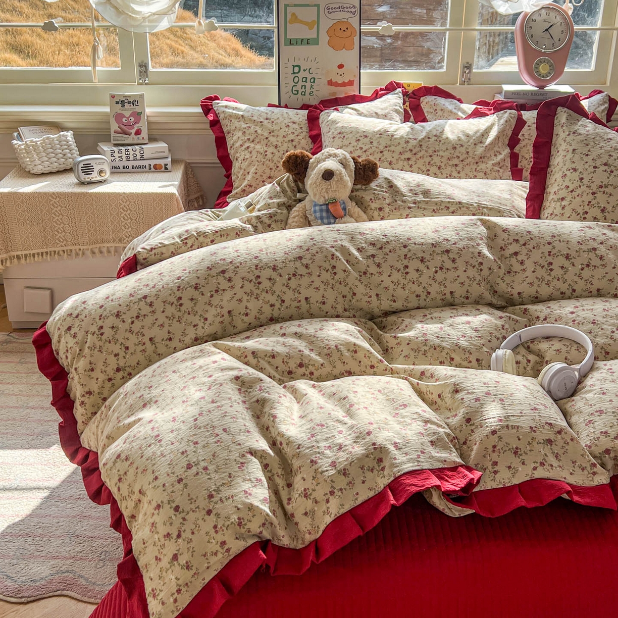 91家纺网 家纺一手货源 找家纺 美梦家纺 2026春夏新款云感皱皱纱床盖四件套 见花则喜