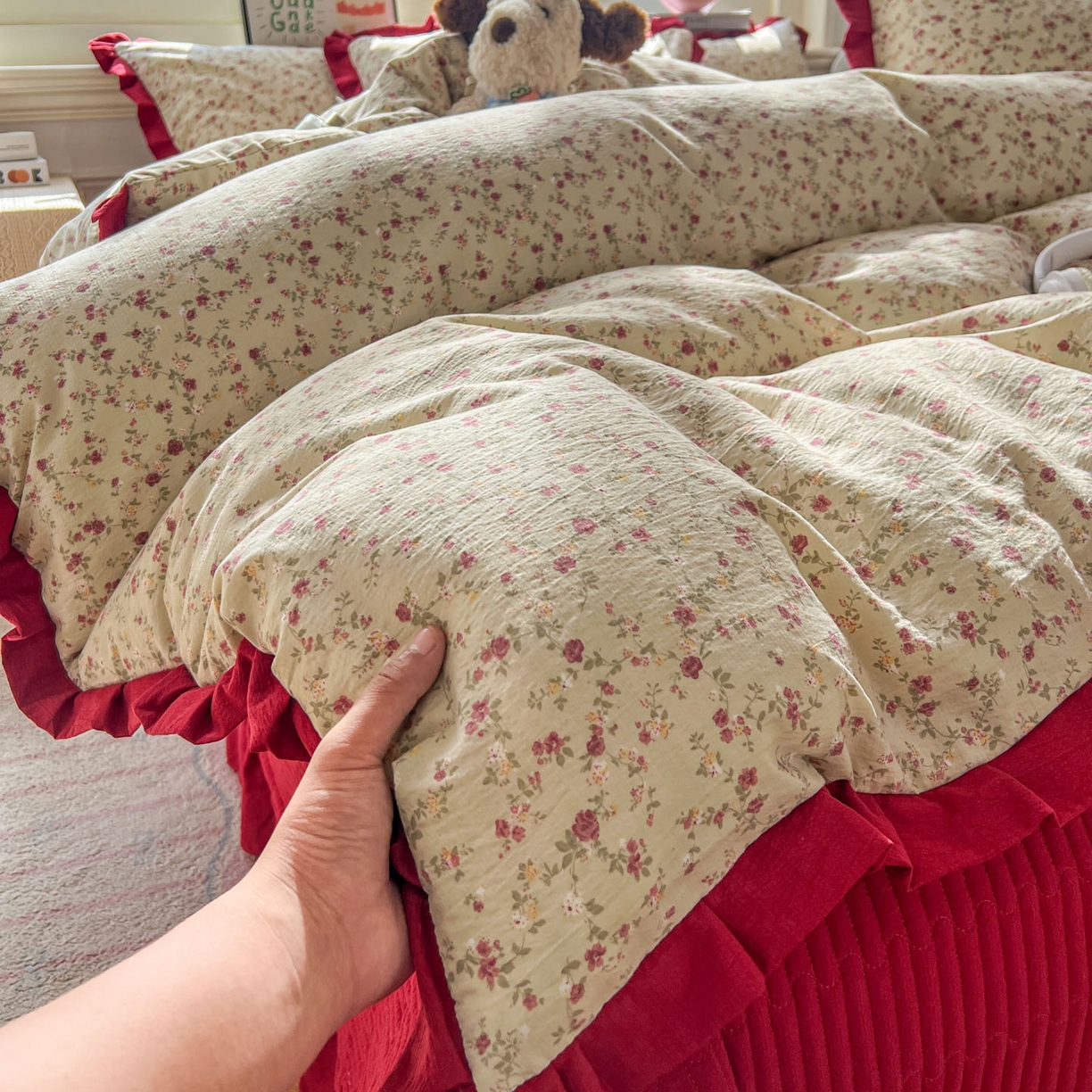 91家纺网 家纺一手货源 找家纺 美梦家纺 2026春夏新款云感皱皱纱床盖四件套 见花则喜