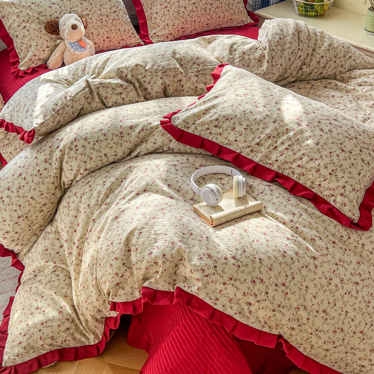 91家纺网 家纺一手货源 找家纺 美梦家纺 2026春夏新款云感皱皱纱床盖四件套 见花则喜