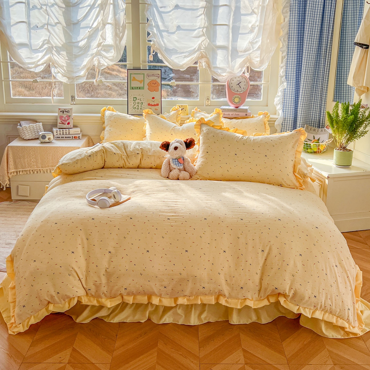 91家纺网 家纺一手货源 找家纺 美梦家纺 2026春夏新款云感皱皱纱床盖四件套 蜡笔画