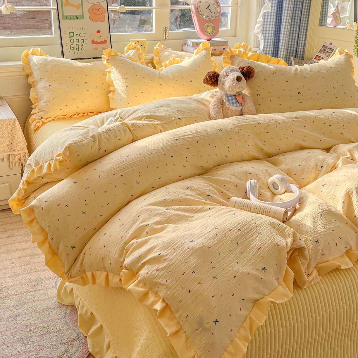 91家纺网 家纺一手货源 找家纺 美梦家纺 2026春夏新款云感皱皱纱床盖四件套 蜡笔画