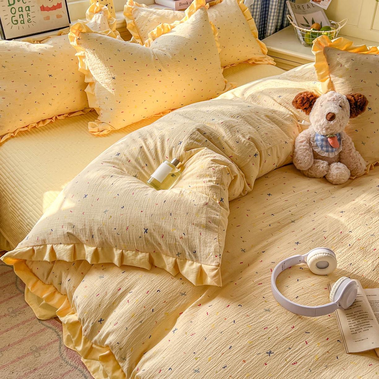 91家纺网 家纺一手货源 找家纺 美梦家纺 2026春夏新款云感皱皱纱床盖四件套 蜡笔画