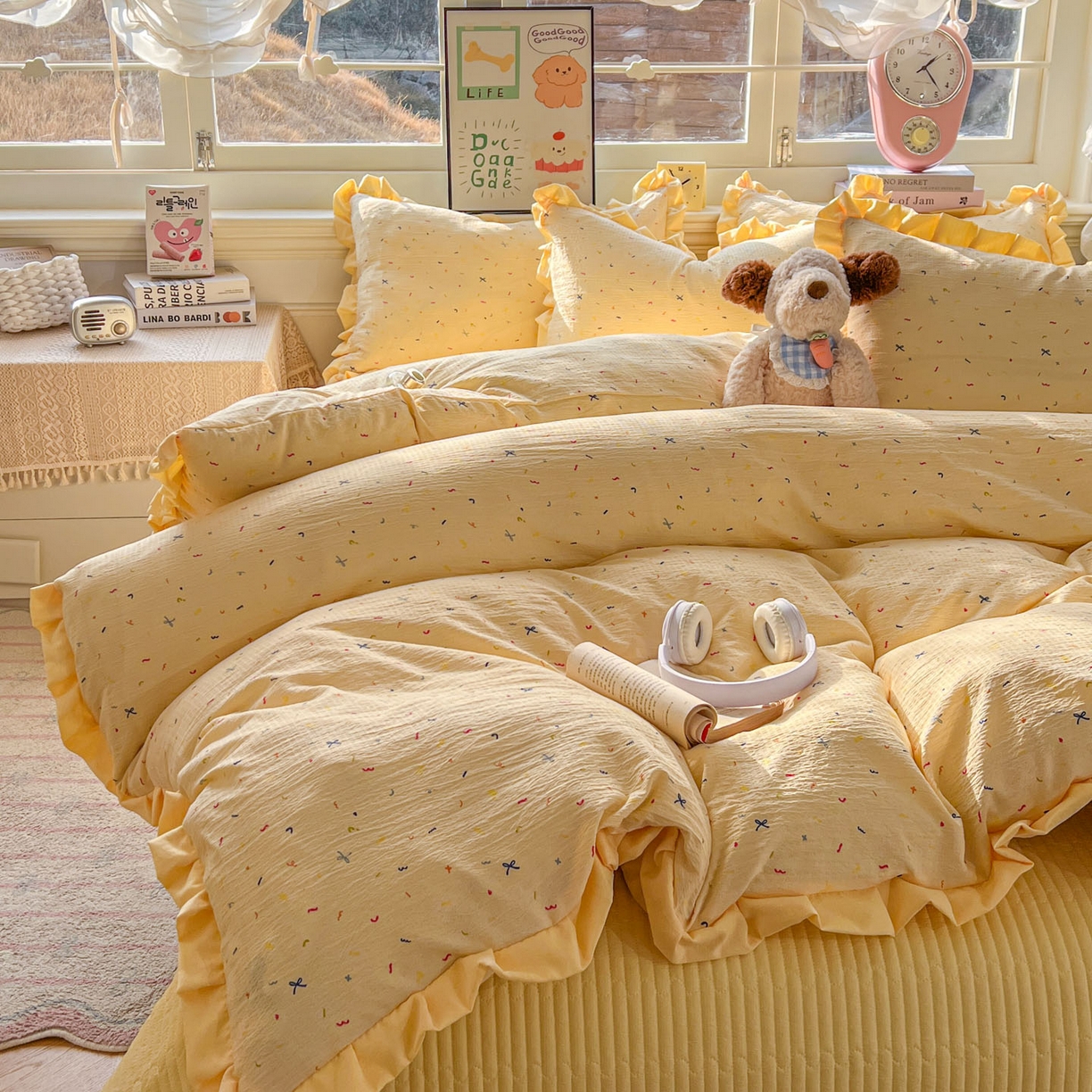 91家纺网 家纺一手货源 找家纺 美梦家纺 2026春夏新款云感皱皱纱床盖四件套 蜡笔画