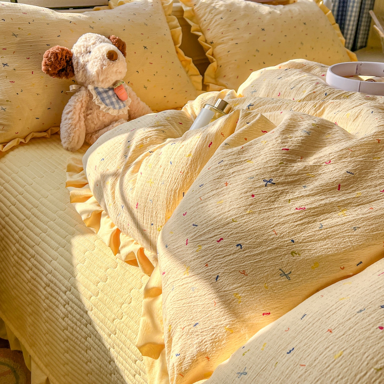 91家纺网 家纺一手货源 找家纺 美梦家纺 2026春夏新款云感皱皱纱床盖四件套 蜡笔画