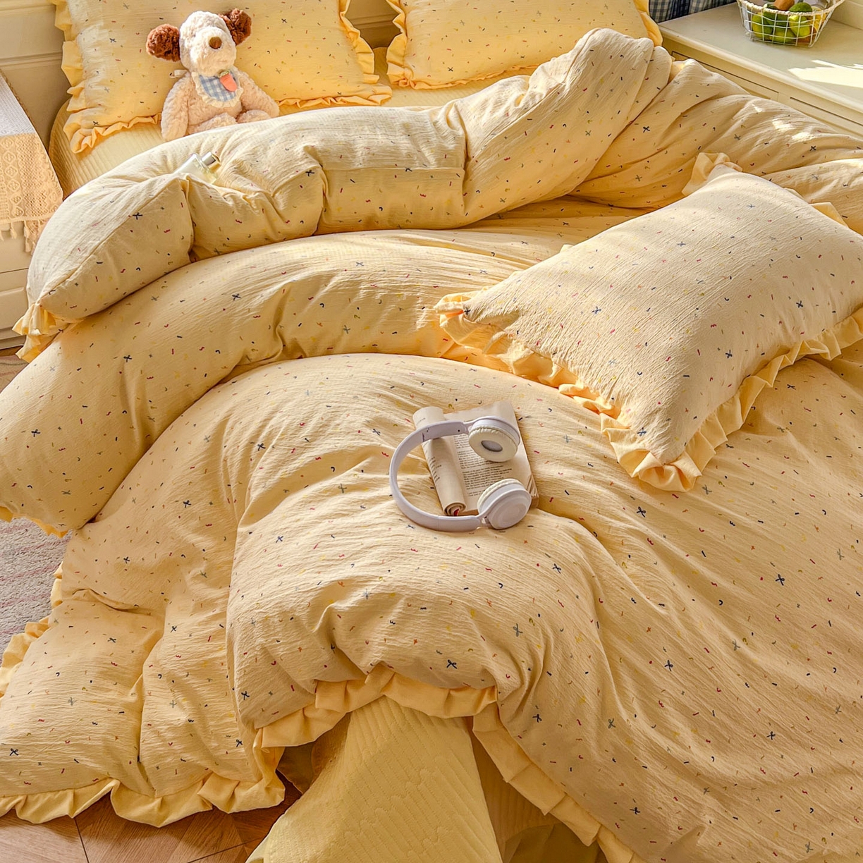 91家纺网 家纺一手货源 找家纺 美梦家纺 2026春夏新款云感皱皱纱床盖四件套 蜡笔画