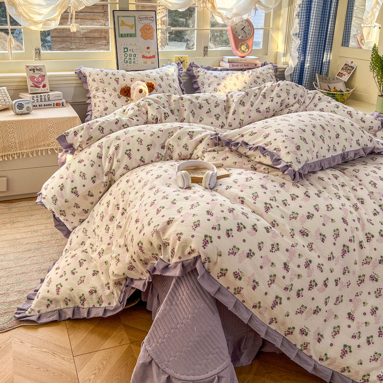 美梦家纺 2026春夏新款云感皱皱纱床盖四件套 葡萄多多