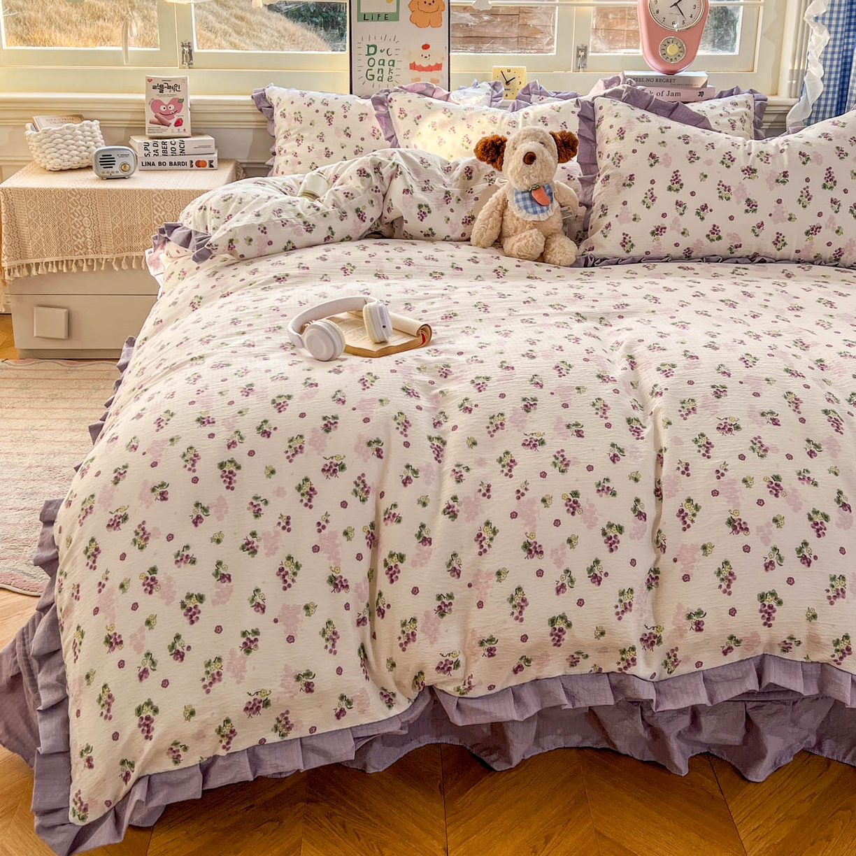 91家纺网 家纺一手货源 找家纺 美梦家纺 2026春夏新款云感皱皱纱床盖四件套 葡萄多多