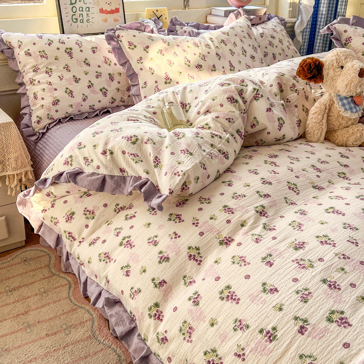 91家纺网 家纺一手货源 找家纺 美梦家纺 2026春夏新款云感皱皱纱床盖四件套 葡萄多多