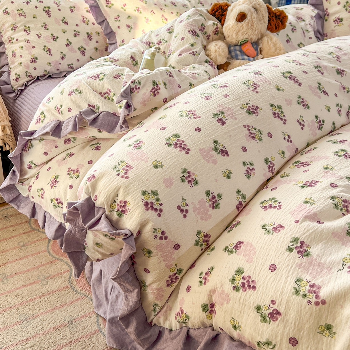 91家纺网 家纺一手货源 找家纺 美梦家纺 2026春夏新款云感皱皱纱床盖四件套 葡萄多多