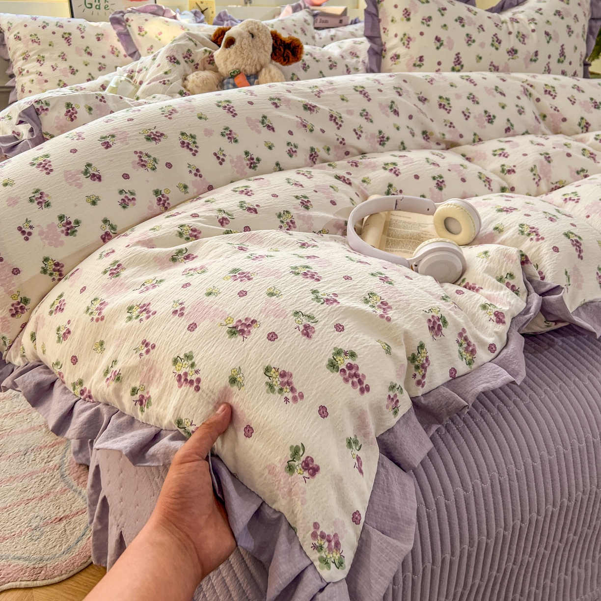 91家纺网 家纺一手货源 找家纺 美梦家纺 2026春夏新款云感皱皱纱床盖四件套 葡萄多多