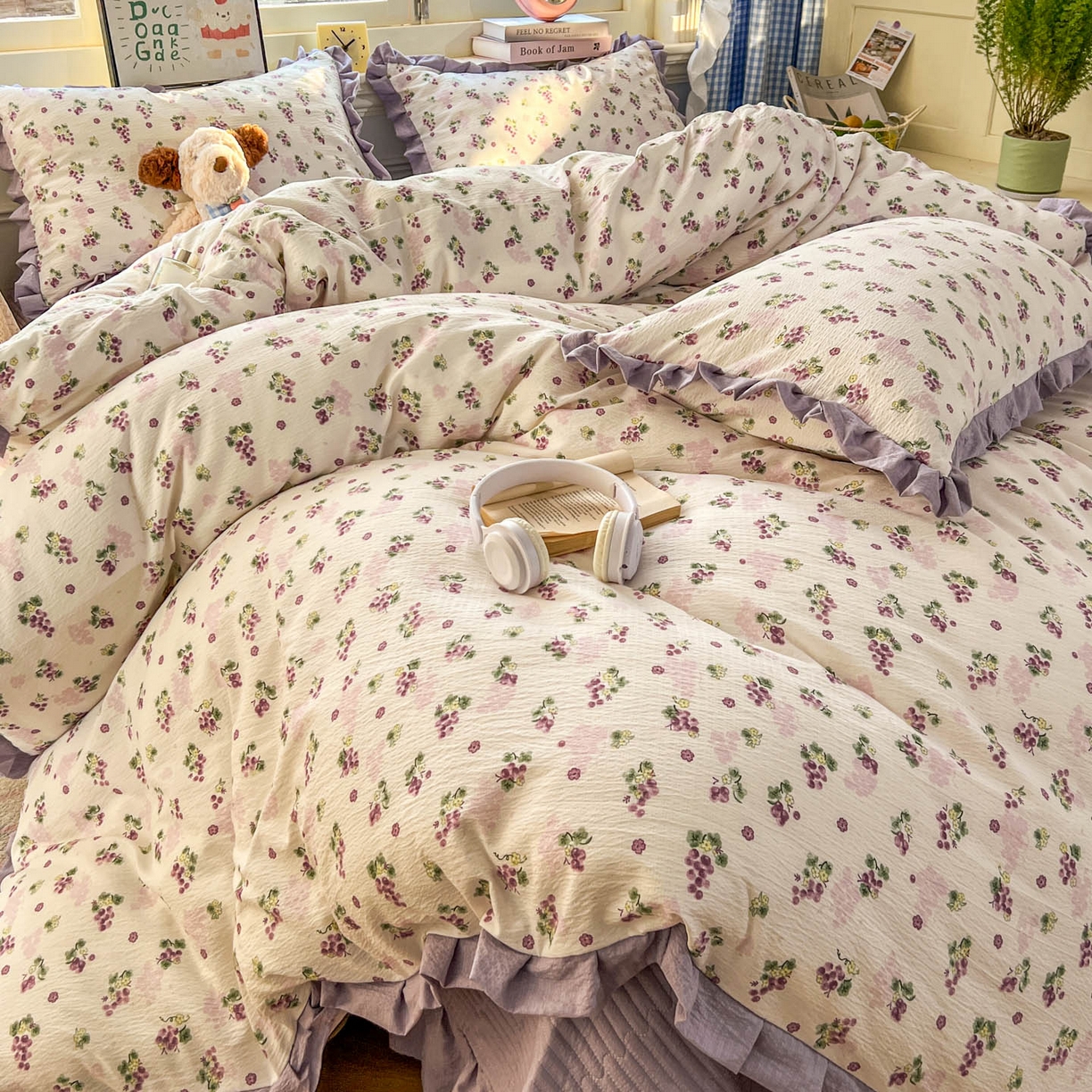 91家纺网 家纺一手货源 找家纺 美梦家纺 2026春夏新款云感皱皱纱床盖四件套 葡萄多多