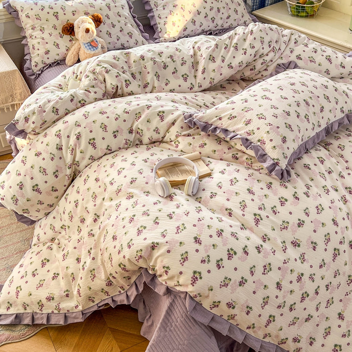 91家纺网 家纺一手货源 找家纺 美梦家纺 2026春夏新款云感皱皱纱床盖四件套 葡萄多多